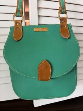 Green Leather Crossbody Bag with Tan Accents by Olinda